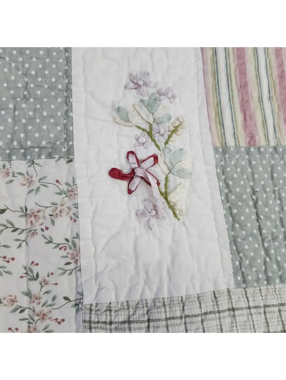 Ribbon Embroidery Cottage Patchwork Quilt Light Greens Pinks Reds Twin